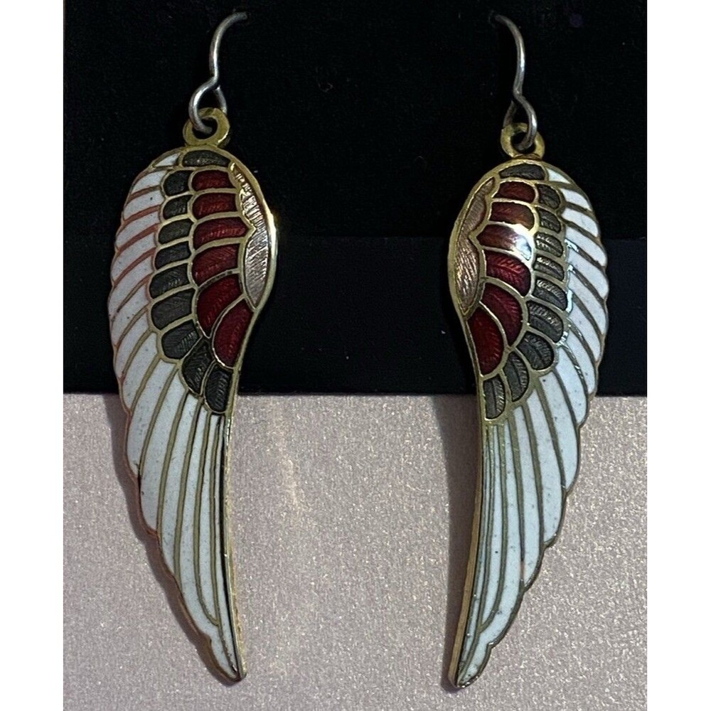 Angel Wing Drop Earrings Cloisonne Enamel Dangle White Red Green